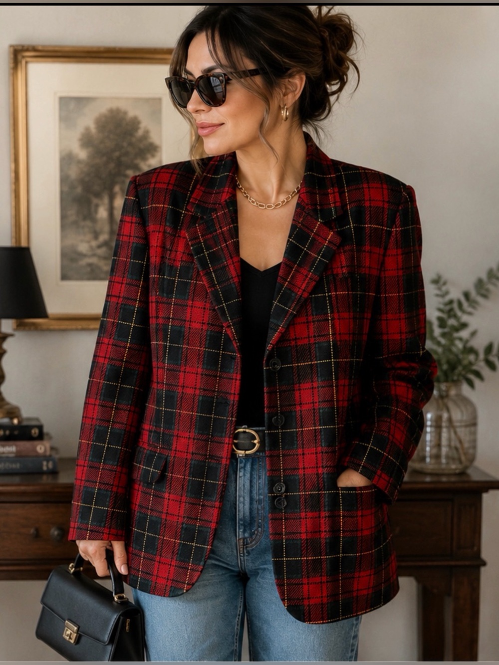 Vintage White Stag Red Black Tartan Plaid Blazer Preppy Equestrian Jacket